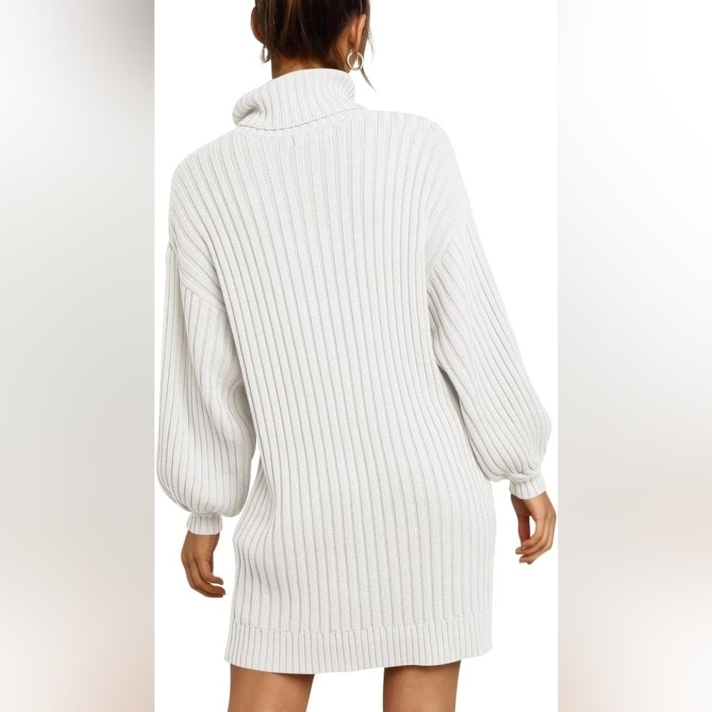 ANRABESS Womens Sweater Dress Turtleneck Lantern Sleeve Casual White Size M NWT - Picture 3 of 11
